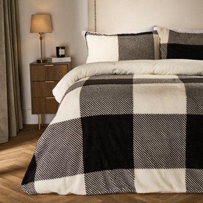 OHS Gingham Teddy King Duvet Cover Pillowcase Quilt Soft Warm Check Fleece Bedding Set - image 1