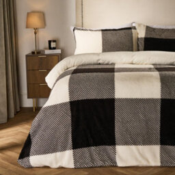 OHS Gingham Teddy King Duvet Cover Pillowcase Quilt Soft Warm Check Fleece Bedding Set - thumbnail 1