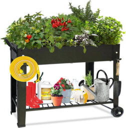 Huhote Durable Metal Raised Garden Bed With Legs And Storage Shelf 101X28X80 Cm Black - thumbnail 2