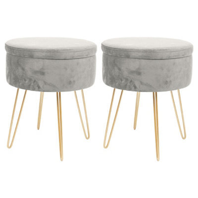 Harbour Housewares 2X Velvet Storage Footstools - Round Modern Dressing Table Footstool Vanity Seat Chair - 45 X 36Cm Grey/gold - image 1