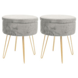 Harbour Housewares 2X Velvet Storage Footstools - Round Modern Dressing Table Footstool Vanity Seat Chair - 45 X 36Cm Grey/gold