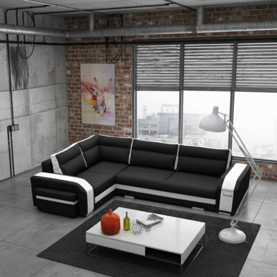 Assan Corner Sofa Bed With Ottoman Wooden Frame Wave Spring Foam Loose Pillows Black And White Left Side - image 1