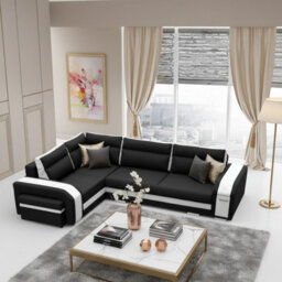 Assan Corner Sofa Bed With Ottoman Wooden Frame Wave Spring Foam Loose Pillows Black And White Left Side - thumbnail 3