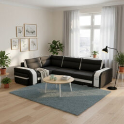 Assan Corner Sofa Bed With Ottoman Wooden Frame Wave Spring Foam Loose Pillows Black And White Left Side - thumbnail 2