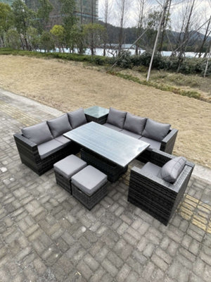 Fimous 9 Seater Pe Rattan Corner Sofa Set Rising Adjustable Dining Table Set High Side Coffee Table With Arm Chair Stools - image 1