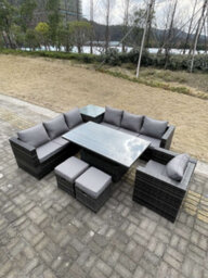 Fimous 9 Seater Pe Rattan Corner Sofa Set Rising Adjustable Dining Table Set High Side Coffee Table With Arm Chair Stools - thumbnail 2