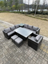 Fimous 9 Seater Pe Rattan Corner Sofa Set Rising Adjustable Dining Table Set High Side Coffee Table With Arm Chair Stools - thumbnail 3