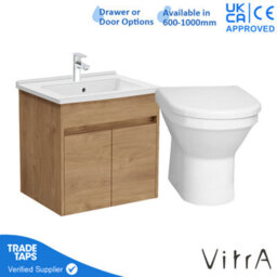 Vitra 600mm Wall Hung Bathroom Vanity Unit With 2 Doors Includes Basin, Chrome Tap And Back To Wall Toilet - Golden Oak