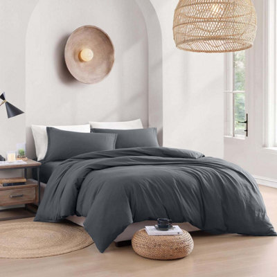 Bedlooms Charcoal Plain Dyed Duvet Cover Complete Bedding Set, Breathable & Anti-Allergic Microfiber, Double 200X200Cm - image 1