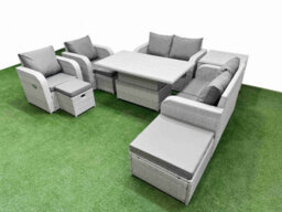 Fimous 9 Seater Outdoor Reclining Chair Love Sofa Set Rattan Garden Furniture Set Adjustable Lifting Table 3 Stools Side Table - thumbnail 2
