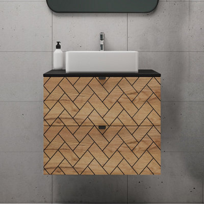 Heze Furniture Trend Herringbone Pattern Door 60Cm Bathroom Cabinet Vanity Unit With Worktop Gold Craft Oak & Black - image 1