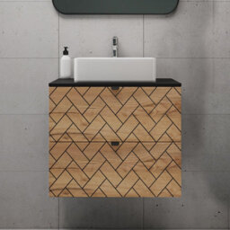 Heze Furniture Trend Herringbone Pattern Door 60Cm Bathroom Cabinet Vanity Unit With Worktop Gold Craft Oak & Black