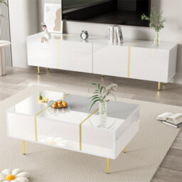 Abrihome Contemporary High-Gloss White Tv Unit & Coffee Table Set, White