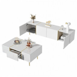 Abrihome Contemporary High-Gloss White Tv Unit & Coffee Table Set, White - thumbnail 2