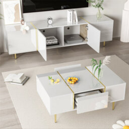 Abrihome Contemporary High-Gloss White Tv Unit & Coffee Table Set, White - thumbnail 5