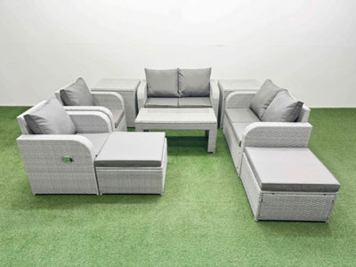 Fimous 8 Seater Outdoor Reclining Chair Love Sofa Set Rattan Garden Furniture Set Oblong Coffee Table 2 Footstools 2 Side Table - image 1