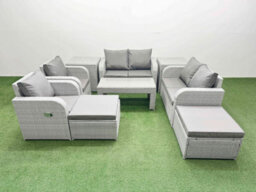 Fimous 8 Seater Outdoor Reclining Chair Love Sofa Set Rattan Garden Furniture Set Oblong Coffee Table 2 Footstools 2 Side Table - thumbnail 2
