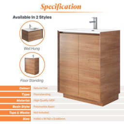 Plum&clay Matterhorn Oak Floor Standing Bathroom Vanity Unit With White Basin (W)750mm (H)850mm - thumbnail 4