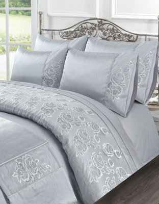 Homes & Linen Amara Floral Embroidered Silver Duvet Cover Set Soft Polyester Bedding With Pillowcases - image 1