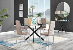Furniturebox Uk Novara Black Leg 120Cm Round Glass Dining Table & 4 Cappuccino Milan Chrome Leg Chairs - thumbnail 1