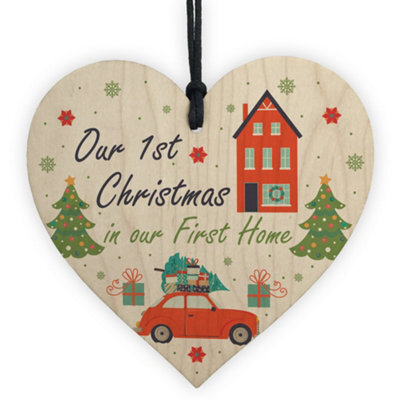 Red Ocean 1St Christmas In Our First Home Hanging Wooden Heart Tree Decoration House Gift - image 1