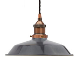 Slate Grey Small Trinity Metal Painted Dome Pendant Light With Antique Copper Lamp Holder And Black Twisted Cable - Se Home