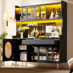 Matteo Black Retro Sideboard Cabinet With Smart Led, Pegboard & Fluted Glass Doors, 145X39X171Cm - thumbnail 3