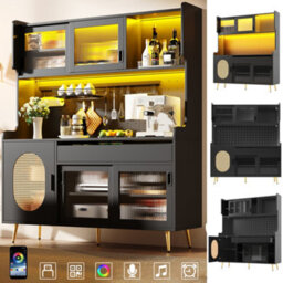 Matteo Black Retro Sideboard Cabinet With Smart Led, Pegboard & Fluted Glass Doors, 145X39X171Cm - thumbnail 2