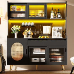 Matteo Black Retro Sideboard Cabinet With Smart Led, Pegboard & Fluted Glass Doors, 145X39X171Cm - thumbnail 5