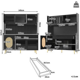 Matteo Black Retro Sideboard Cabinet With Smart Led, Pegboard & Fluted Glass Doors, 145X39X171Cm - thumbnail 7