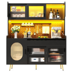 Matteo Black Retro Sideboard Cabinet With Smart Led, Pegboard & Fluted Glass Doors, 145X39X171Cm - thumbnail 6