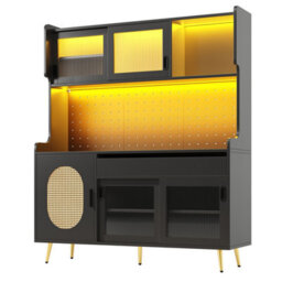 Matteo Black Retro Sideboard Cabinet With Smart Led, Pegboard & Fluted Glass Doors, 145X39X171Cm - thumbnail 9