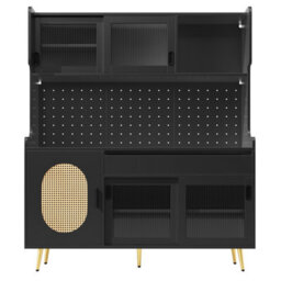 Matteo Black Retro Sideboard Cabinet With Smart Led, Pegboard & Fluted Glass Doors, 145X39X171Cm - thumbnail 8