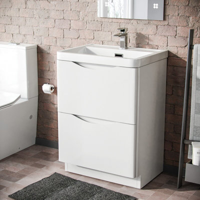 Nes Home 600mm White Basin Vanity Unit 2 Drawer Bathroom Storage Cabinet Gloss - image 1