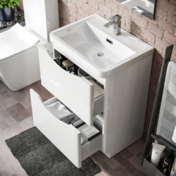 Nes Home 600mm White Basin Vanity Unit 2 Drawer Bathroom Storage Cabinet Gloss - thumbnail 4