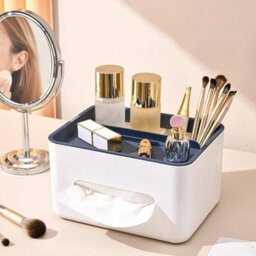 Blue White Rectangular Tissue Holder Cover Case With Compartments Desktop Tissue Box - thumbnail 4