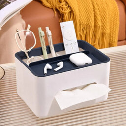 Blue White Rectangular Tissue Holder Cover Case With Compartments Desktop Tissue Box - thumbnail 3