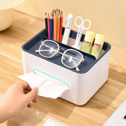 Blue White Rectangular Tissue Holder Cover Case With Compartments Desktop Tissue Box - thumbnail 5