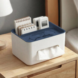 Blue White Rectangular Tissue Holder Cover Case With Compartments Desktop Tissue Box - thumbnail 2