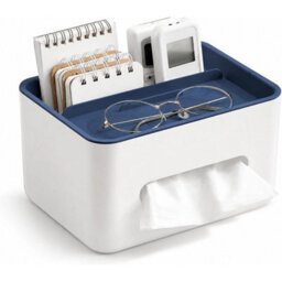 Blue White Rectangular Tissue Holder Cover Case With Compartments Desktop Tissue Box