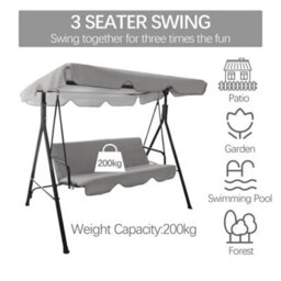 Outdoor Hortus 3 Seater Garden Swing Bench In Light Grey With Cushions - thumbnail 3