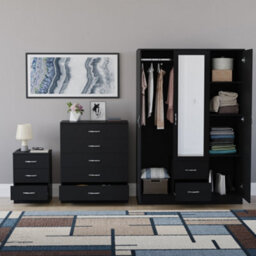 Lassic Vida Designs Riano 3 Piece Bedroom Set (3 Drawer Bedside Chest, 5 Drawer Chest, 3 Door 2 Drawer Mirrored Wardrobe), Black - thumbnail 2