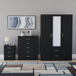 Lassic Vida Designs Riano 3 Piece Bedroom Set (3 Drawer Bedside Chest, 5 Drawer Chest, 3 Door 2 Drawer Mirrored Wardrobe), Black - thumbnail 7