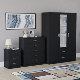 Lassic Vida Designs Riano 3 Piece Bedroom Set (3 Drawer Bedside Chest, 5 Drawer Chest, 3 Door 2 Drawer Mirrored Wardrobe), Black - thumbnail 6