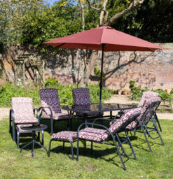 Primrose 6 Seater Reclining Garden Furniture Dining Set With Reversible Cushions And Crank Parasol In Burgundy - thumbnail 1