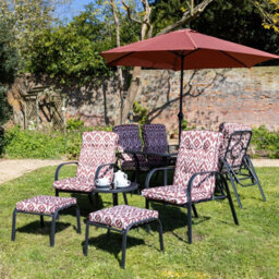 Primrose 6 Seater Reclining Garden Furniture Dining Set With Reversible Cushions And Crank Parasol In Burgundy - thumbnail 2