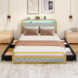 King Size Modern Faux Leather Upholstered Platform Bed Gold - thumbnail 1
