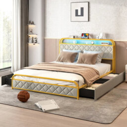 King Size Modern Faux Leather Upholstered Platform Bed Gold - thumbnail 3