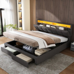 Btm Super King Upholstered Bed 6Ft With Led Light Hydraulic Storage Drawers Foam Headboard Linen Grey - thumbnail 3