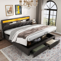 Btm Super King Upholstered Bed 6Ft With Led Light Hydraulic Storage Drawers Foam Headboard Linen Grey - thumbnail 1